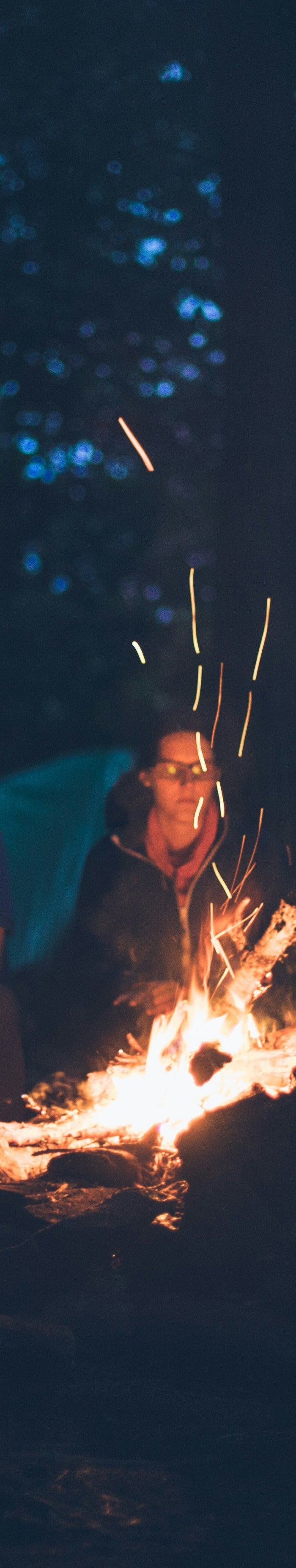 Group of people gathered around a campfire in a forest at night