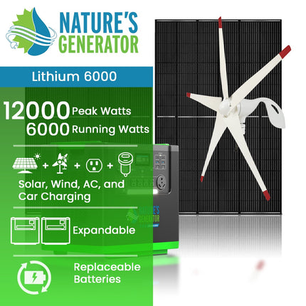 Nature's Generator Lithium 6000W Power Station with Solar Panels and Wind Turbine